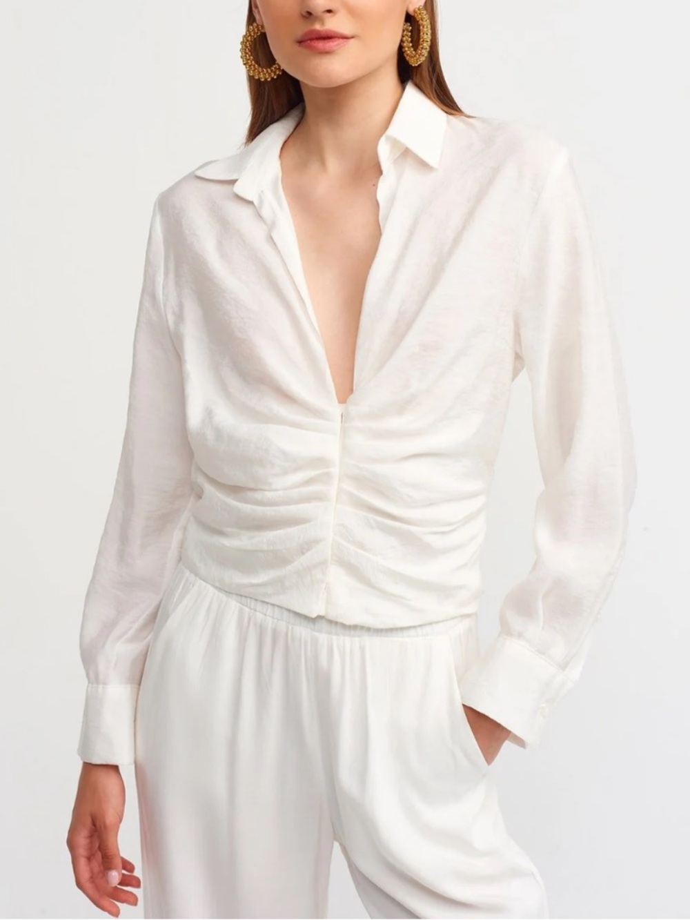 Zara Cropped Women's Ruched Front Button-Down Top - White